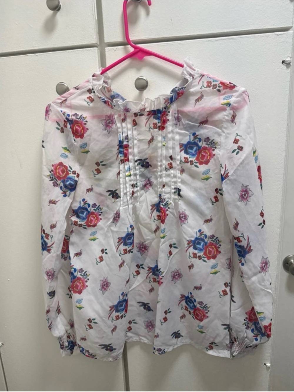 Floral Pintuck Peasant Blouse - White with Pink & Blue Flowers